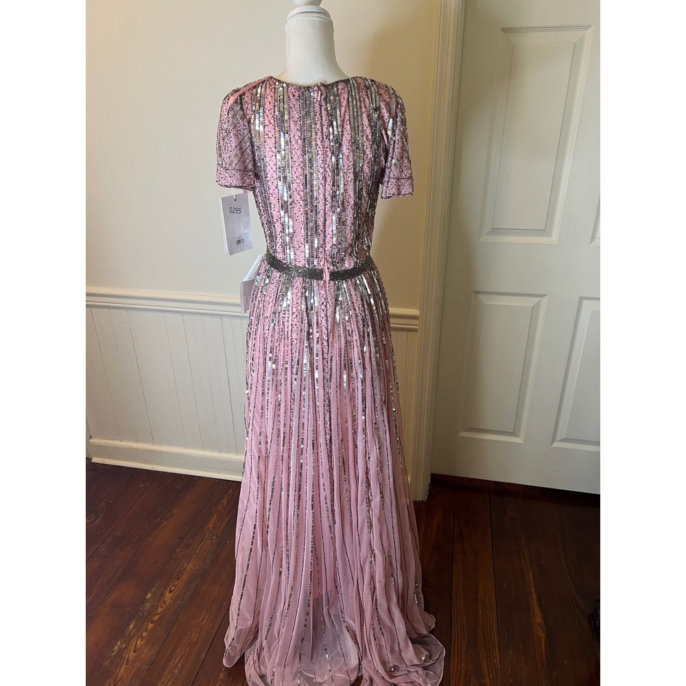 Mac Duggal 70108 Rose Pink Sequin Beaded Flutter Sleeve V-Neck Gown Dress size 4 - Picture 11 of 14
